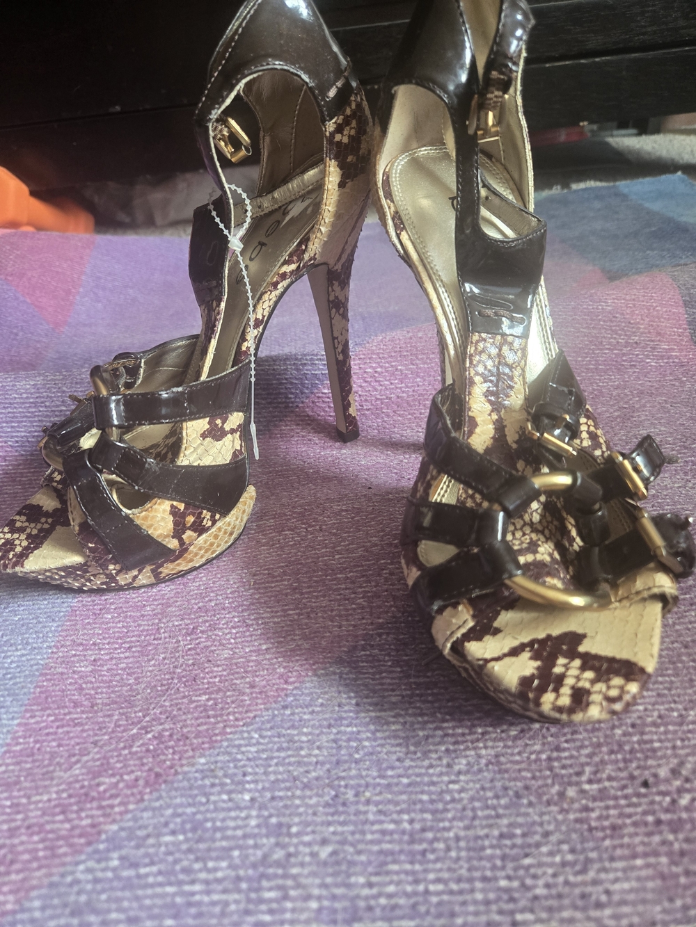 Bebe High Heel Snake-Print Strappy Sandals in Brown